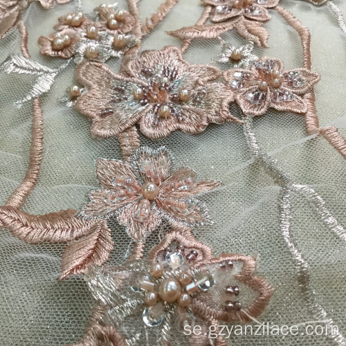 Mörkrosa Pärlstav Tulle Handmde Flower Fabric